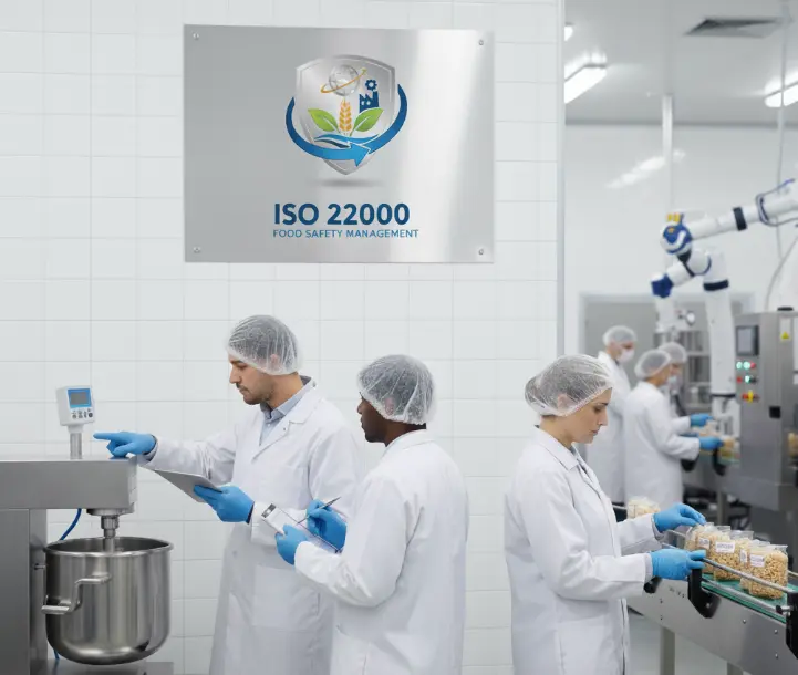 Икона и текст ISO 22000 за система за управление на безопасността на храните.