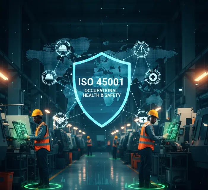 Екип, който обсъжда план за безопасност на работното място съгласно ISO 45001