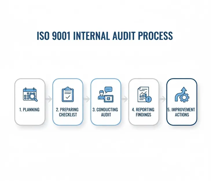 Инфографика, показваща 5-те стъпки за успешен вътрешен одит по ISO 9001.